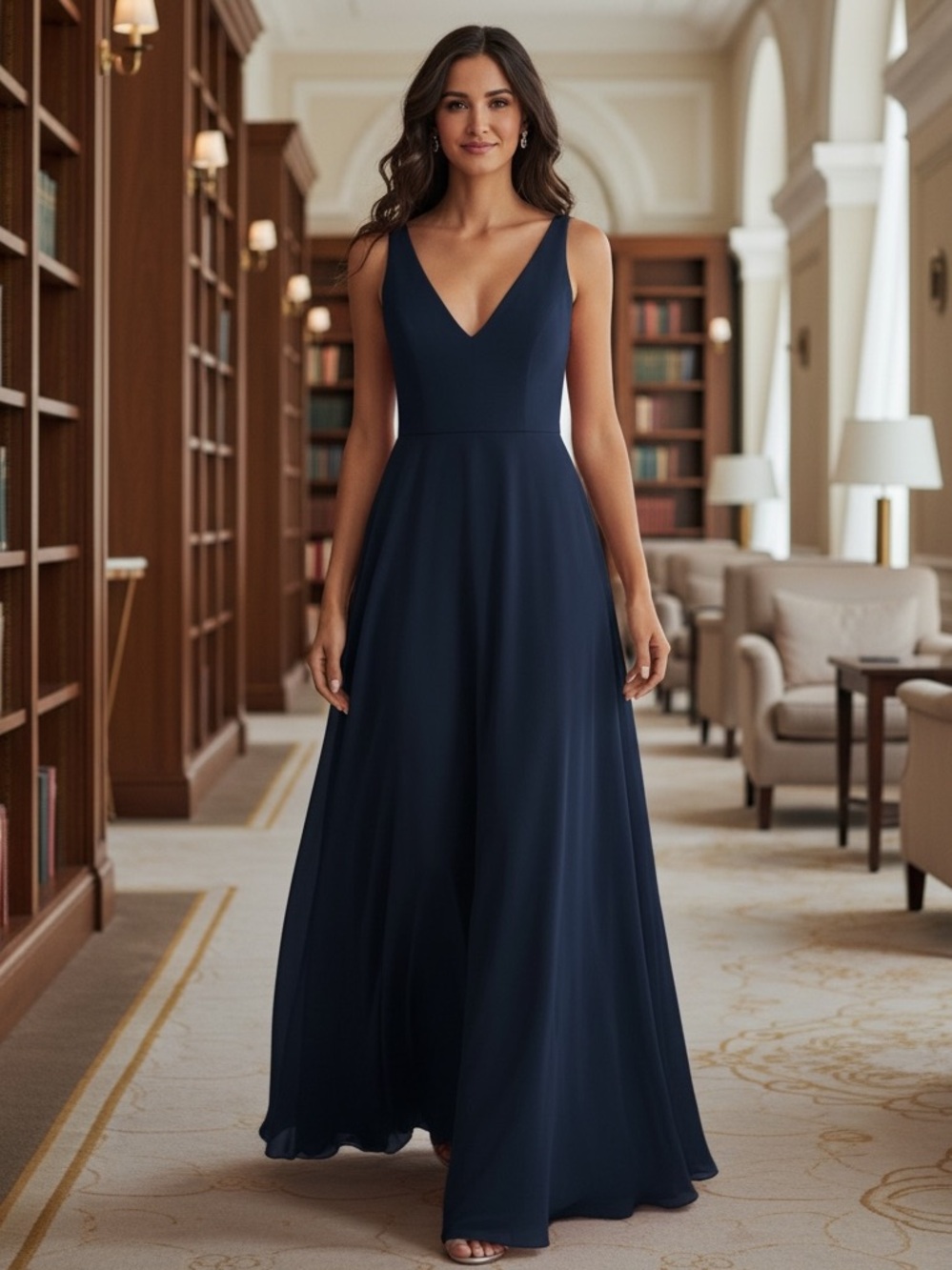 After Six 1549 Deep V-Neck Chiffon Maxi Dress in Deep Midnight Navy, Size 6, NWT